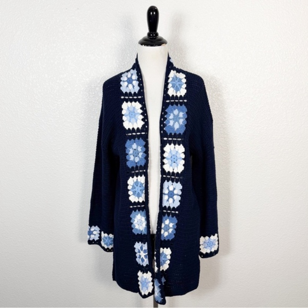 CHARLIE B Size Mediium Womens Crochet‎ Granny Square Trim Cardigan Sweater Blue